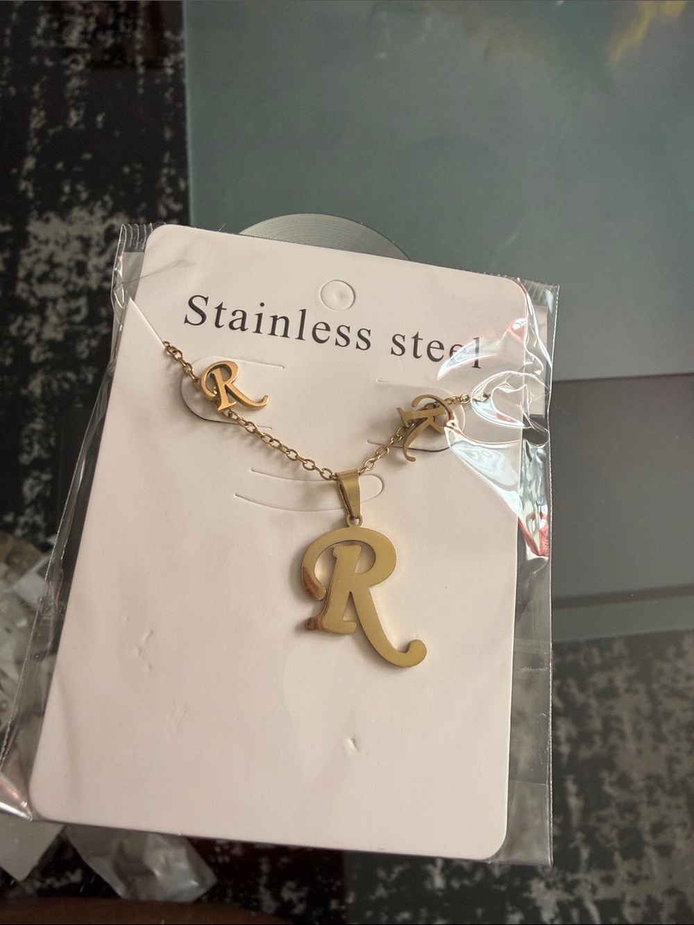 Gold Initial 'R' Stainless Steel Necklace and Earrings Set